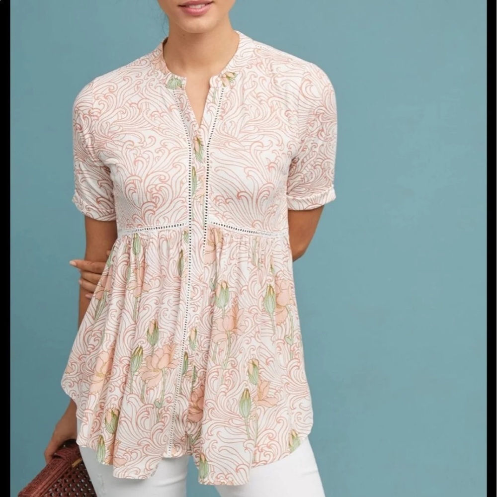 Anthropologie Pink Blouse with Mandarin Collar and Short Sleeves